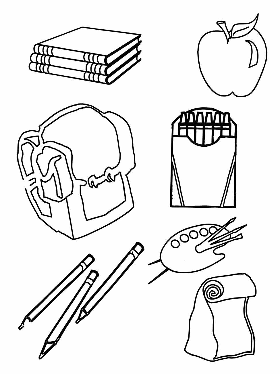 Desenho de material escolar para colorir, incluindo livros, maçã, lancheira e utensílios de escrita.