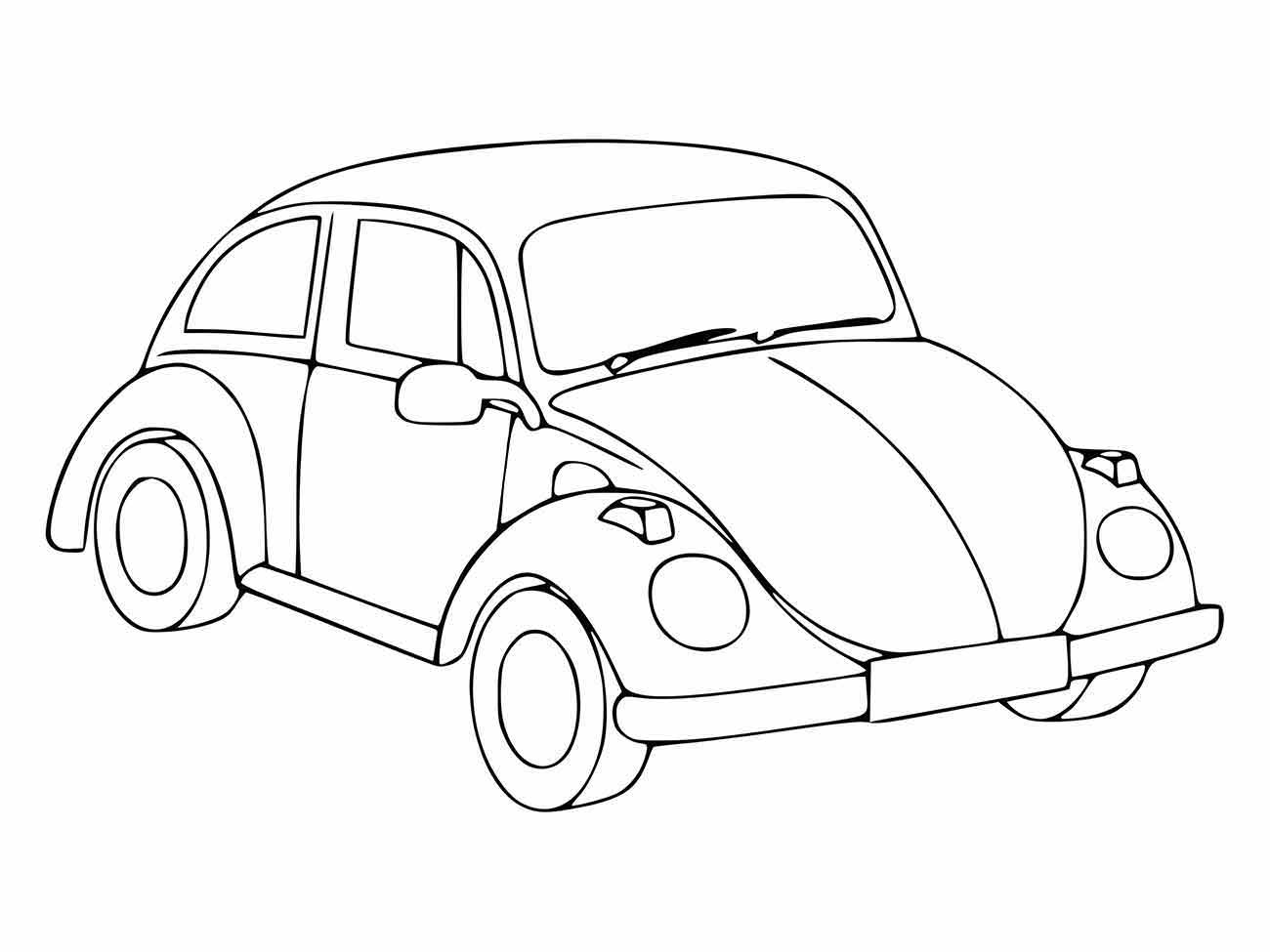 Desenho do fusca para colorir exibindo uma perspectiva frontal diagonal, com linhas simples.