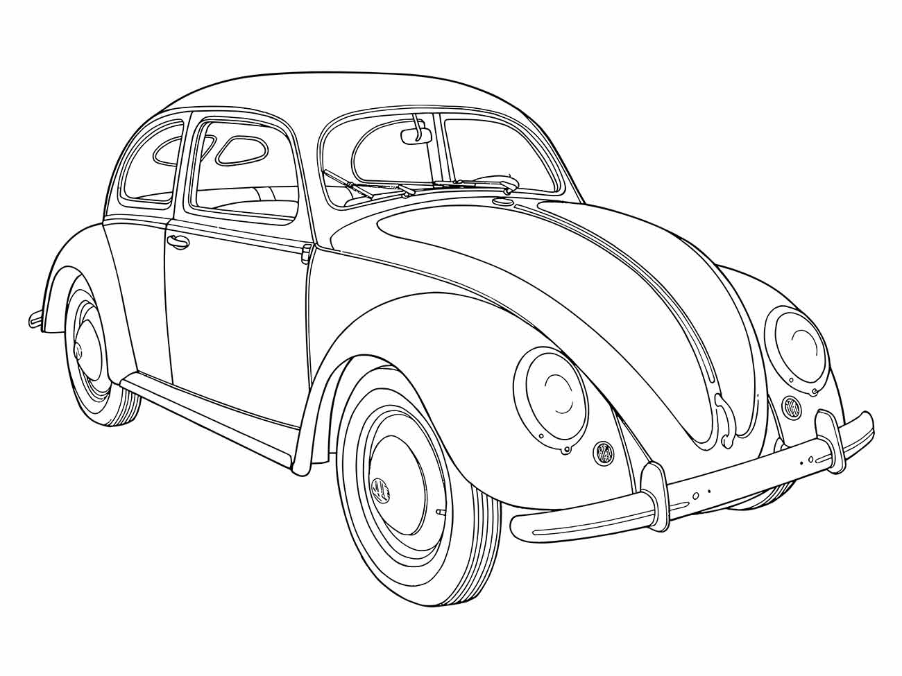 Desenhos para colorir de carro fusca, com ângulo lateral e detalhamento de janelas e pneus.