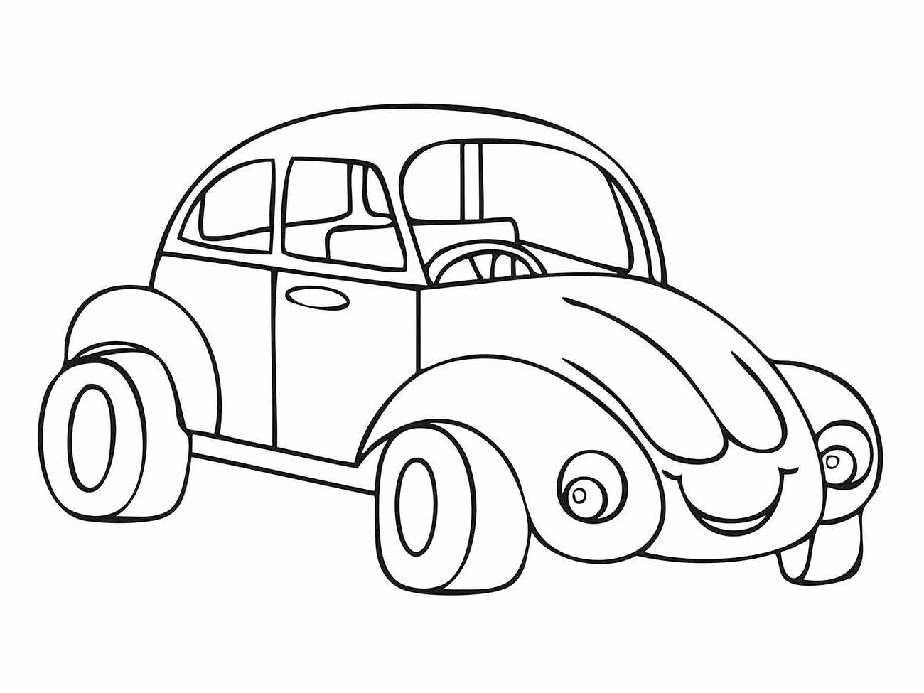 Desenho de fusca para colorir com estilo caricato e rodas exageradas para apelo infantil.