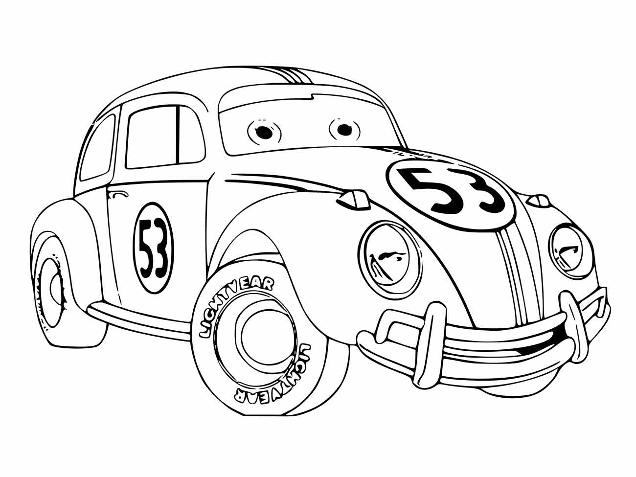 Fusca tunado para colorir, com o número 53 e detalhes de corrida, remetendo ao filme "Herbie".