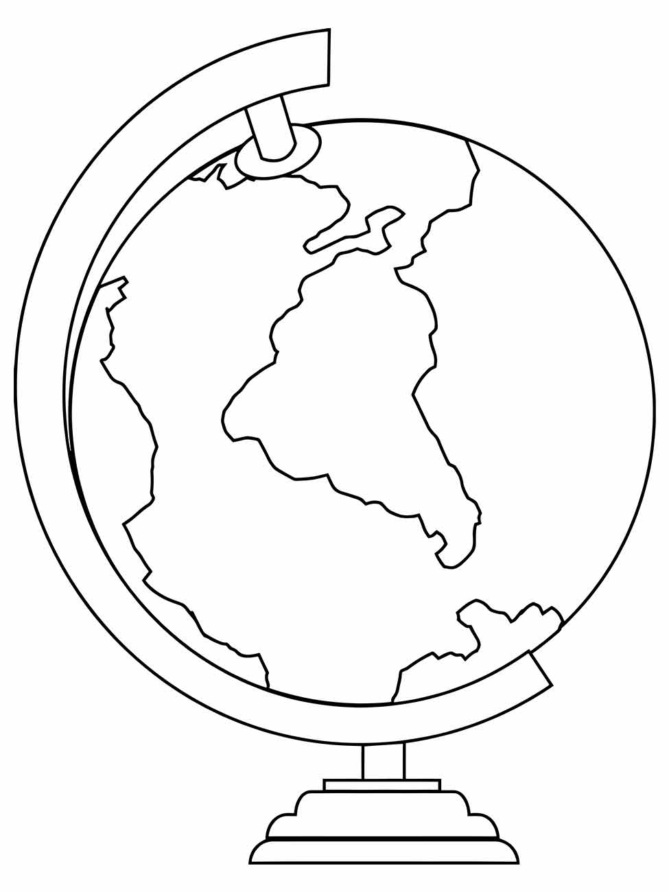 Desenho de um globo terrestre para colorir, mostrando o Planeta Terra com suporte e meridiano.