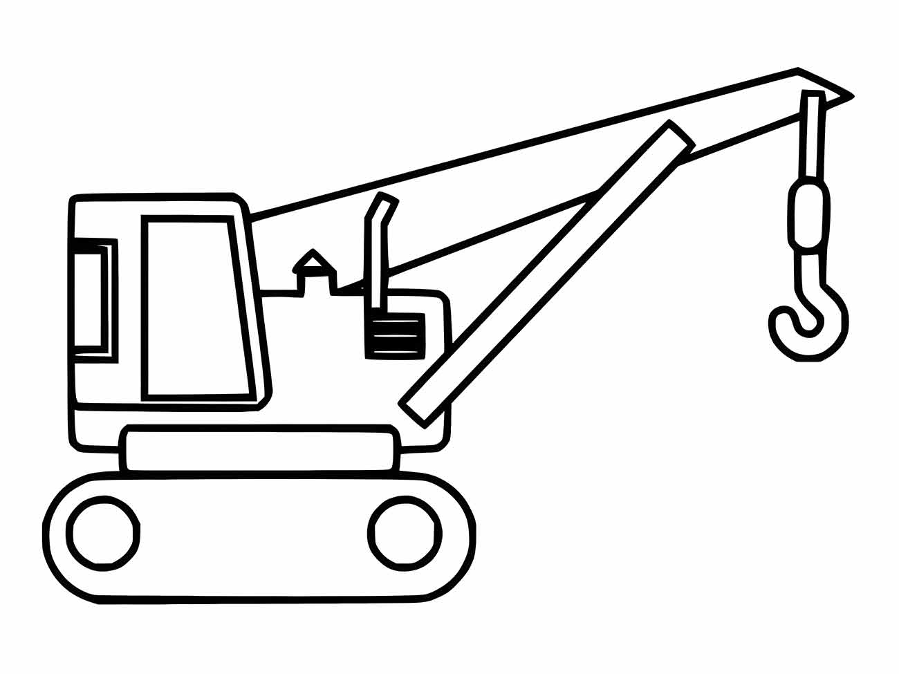 Desenho para colorir de guindaste sobre esteiras com braço articulado e gancho.