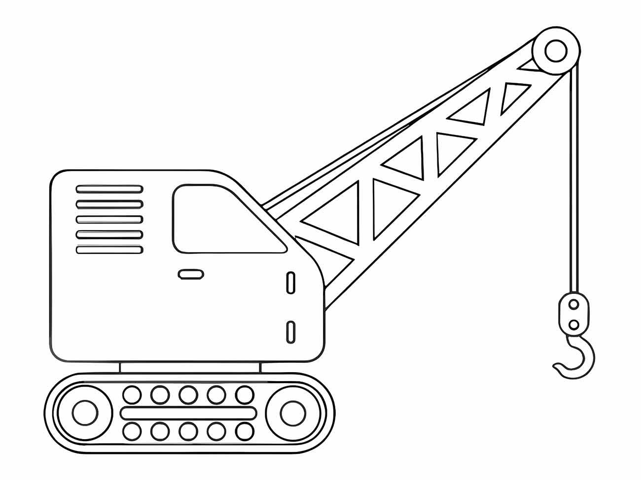 Desenho para colorir de guindaste de esteira com lança extensível e gancho de carga.