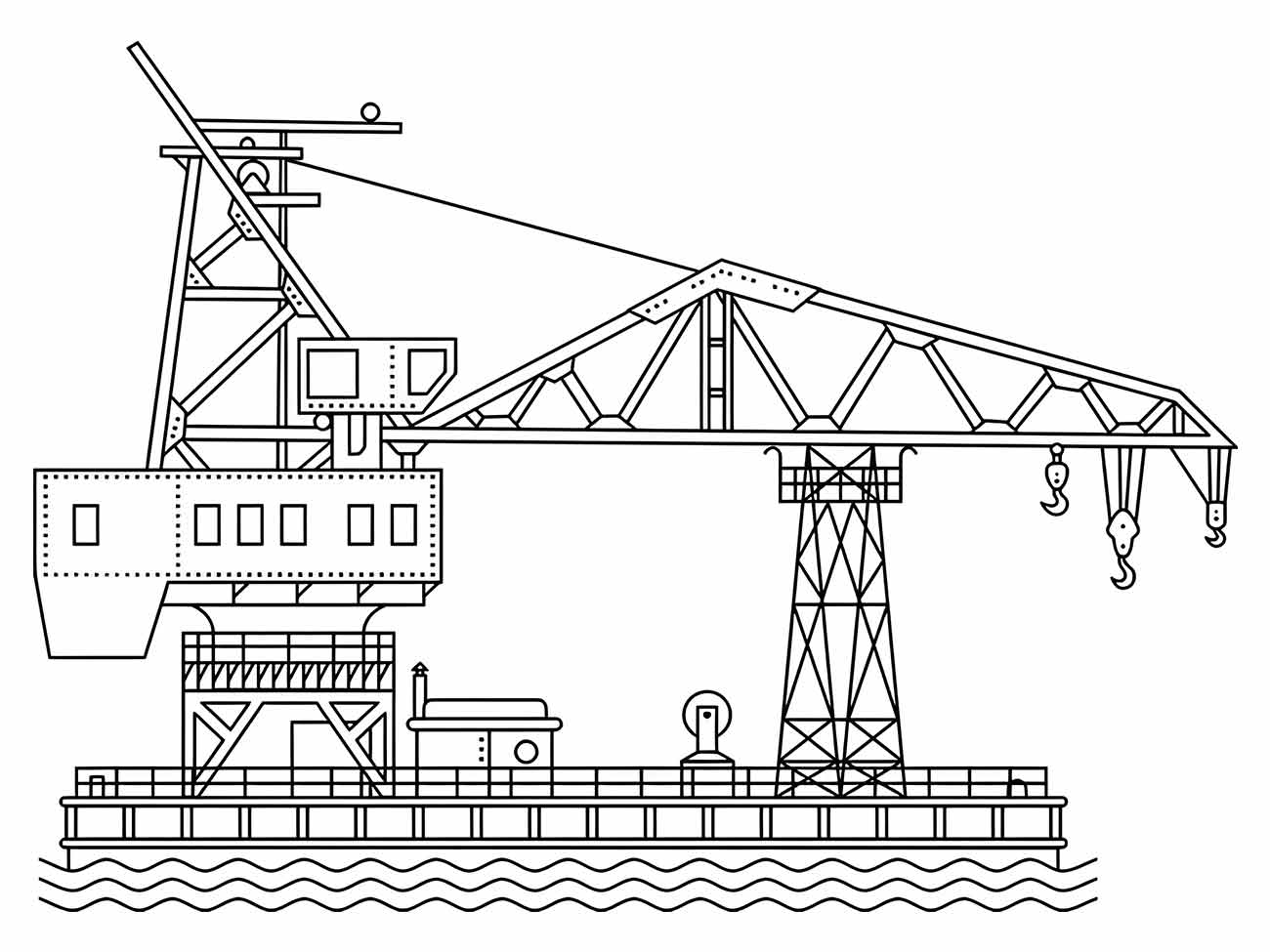 Desenho para colorir de um guindaste flutuante em uma plataforma sobre água com múltiplos ganchos.