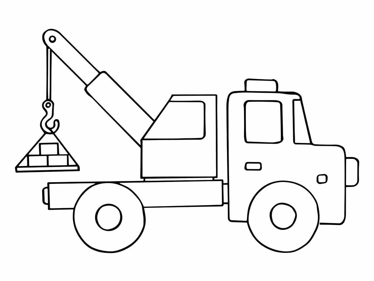 Desenho para colorir de um pequeno guindaste sobre rodas com braço extensível levantando uma carga.