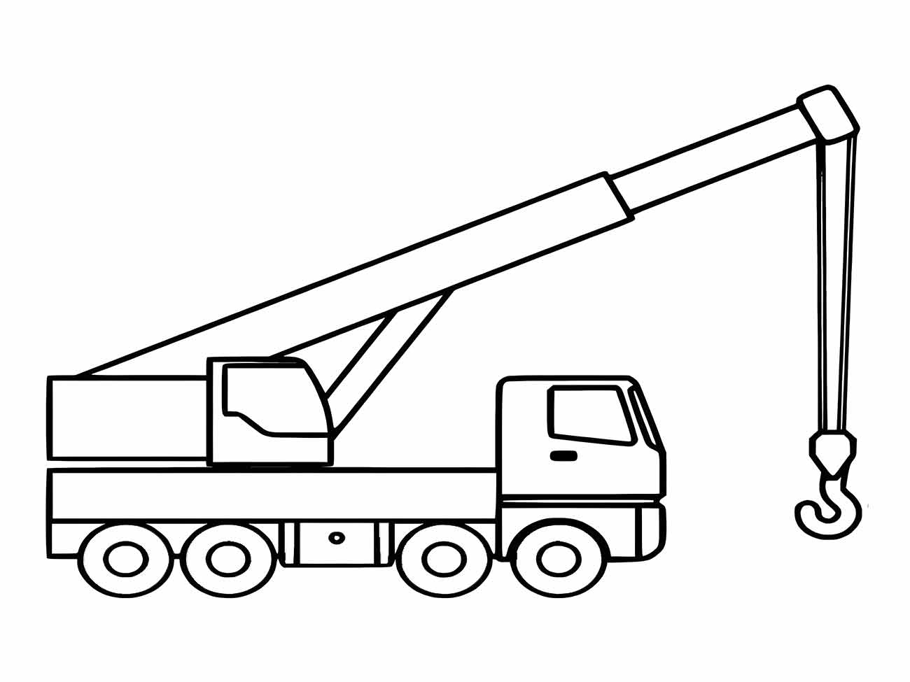 Desenho para colorir de caminhão guindaste com braço articulado e gancho de carga.