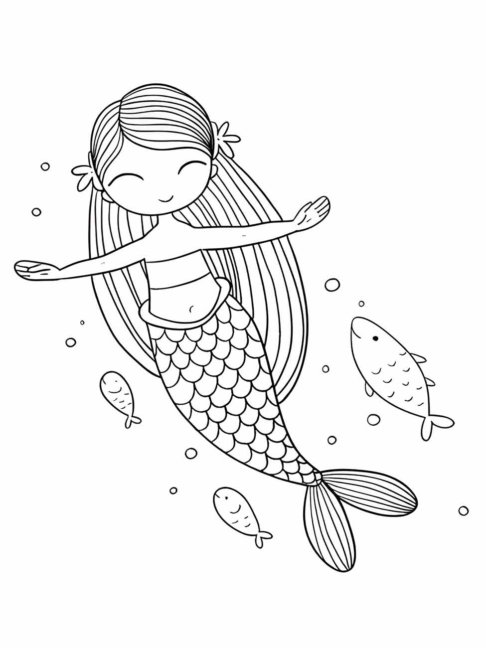 Desenho para colorir da sereia Iara abraçando o oceano, acompanhada de peixes e bolhas de água.