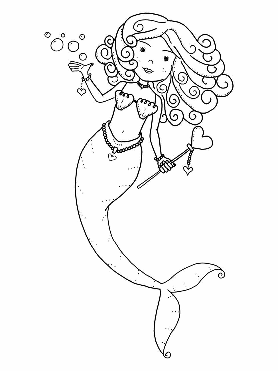 Desenho para colorir da sereia Iara soprando um beijo, com um cetro em forma de coração e joias.