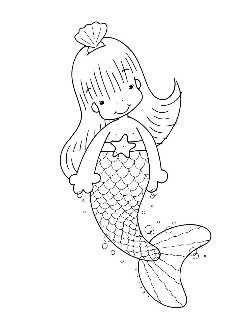 Desenho para colorir da sereia Iara sorridente com uma concha na cabeça, nadando alegremente.