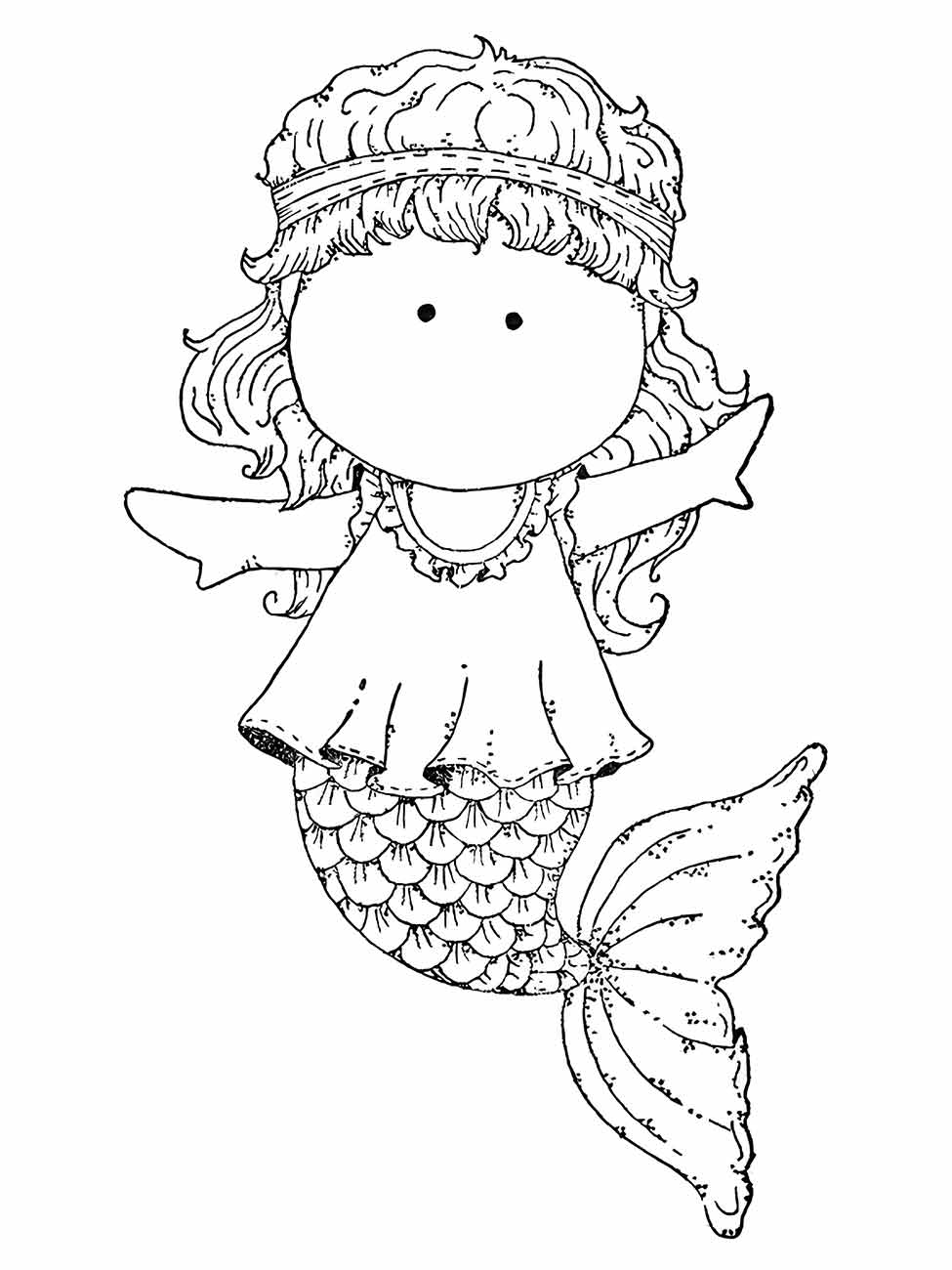 Desenho para colorir da sereia Iara estilo caricatura, com uma coroa e braços abertos em um gesto acolhedor.