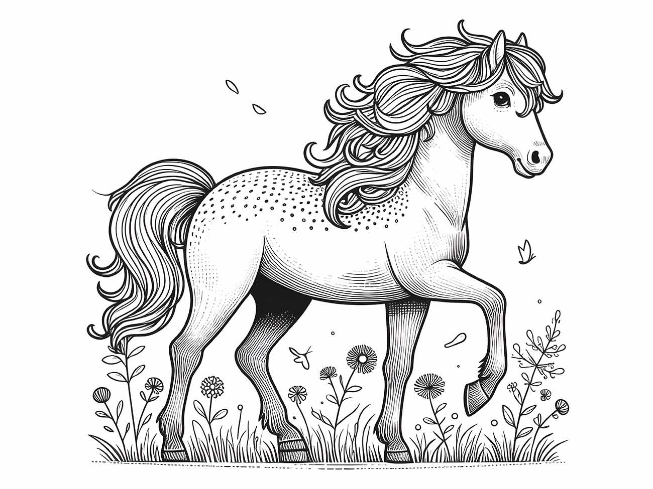 Imagem para desenhar de um cavalo elegante com crina ondulada e detalhes florais ao seu redor.