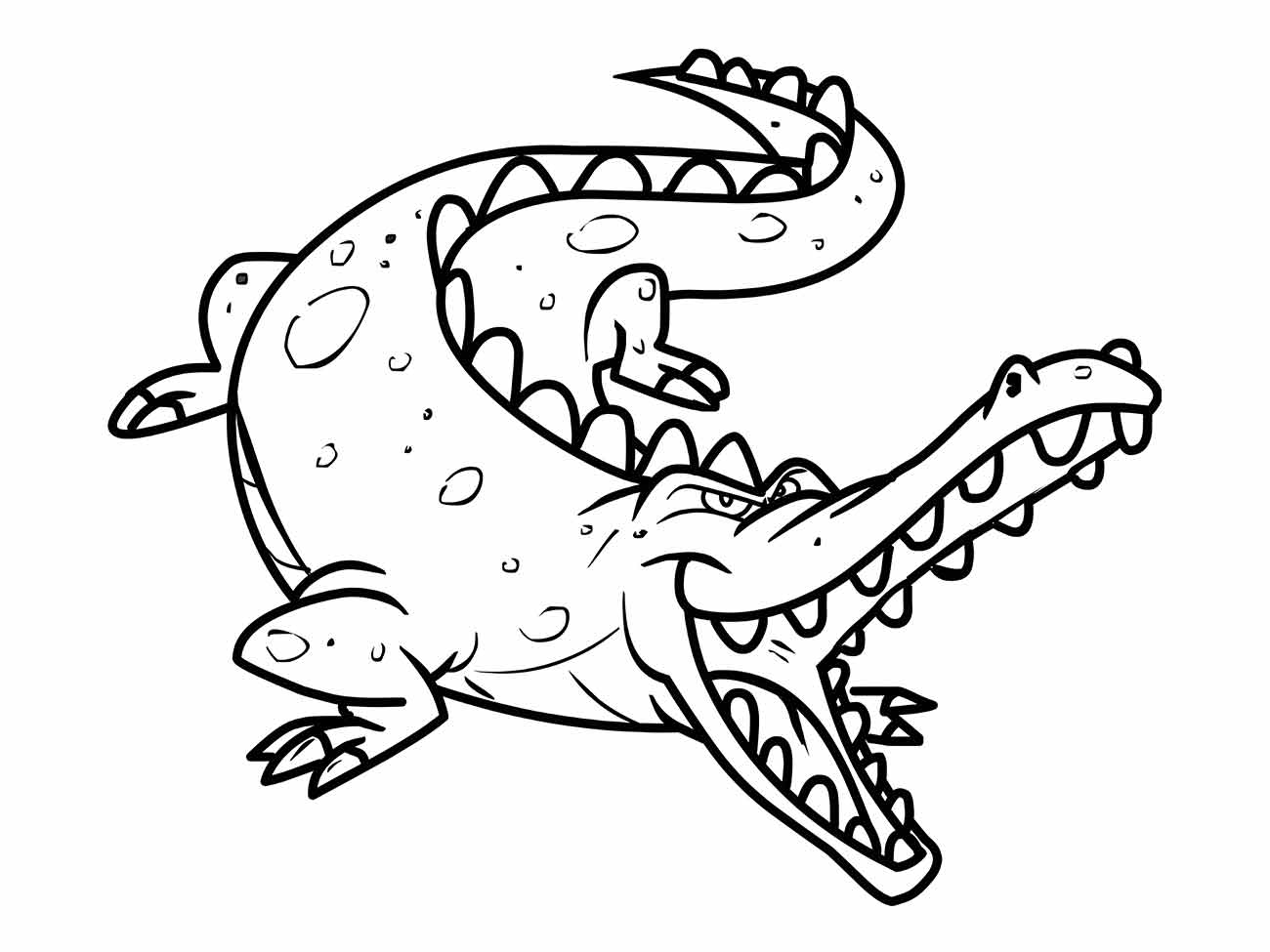 Desenho de um crocodilo para colorir, capturado em movimento com um largo sorriso, ideal para crianças.