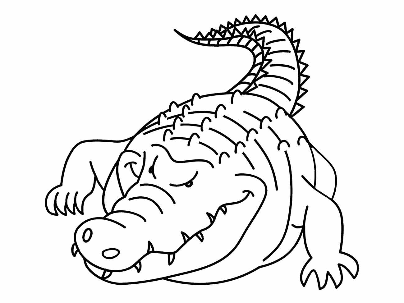 Desenho de um crocodilo para colorir, com uma expressão preguiçosa e descontraída, convidando as crianças a pintar.