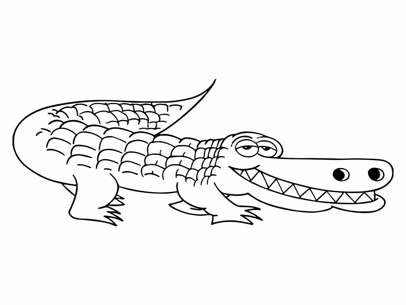 Desenho para colorir de um crocodilo contente e tranquilo, com um largo sorriso.