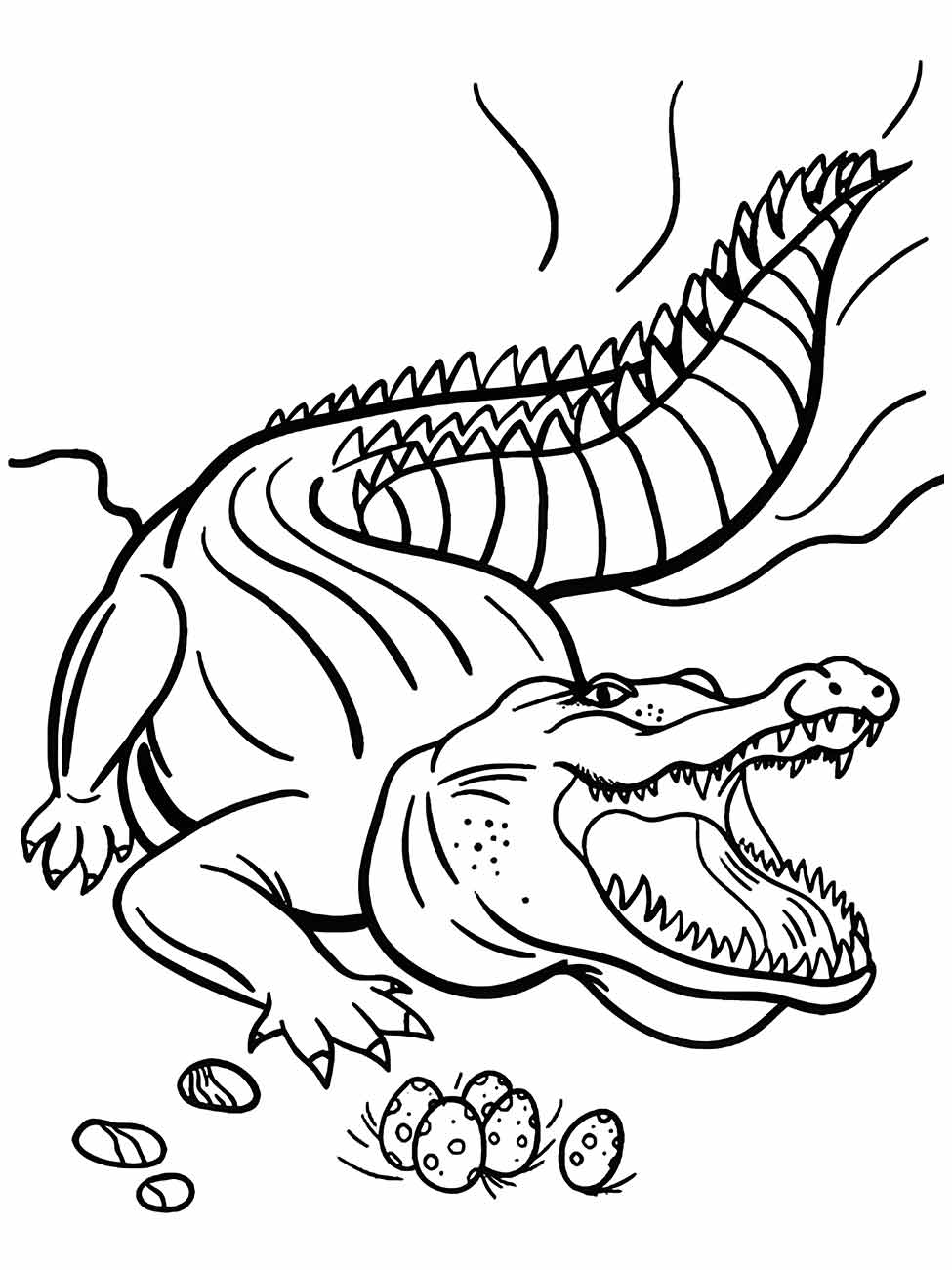 Desenho para colorir de um crocodilo guardião ao lado de ovos, com uma expressão protetora.