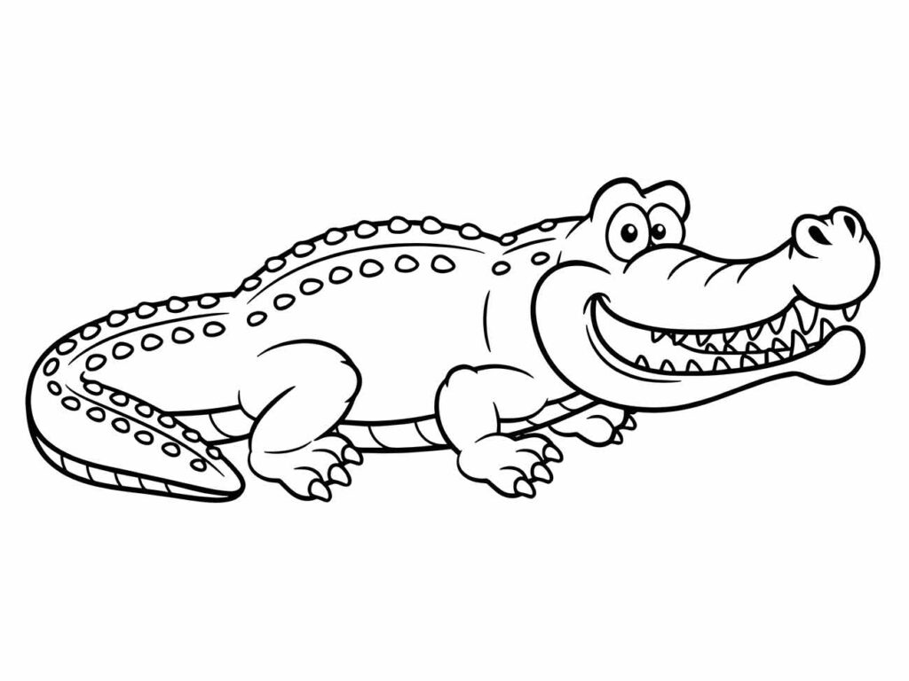 Desenho de um crocodilo para colorir, com um grande sorriso amigável, convidando as crianças para uma sessão de pintura divertida.