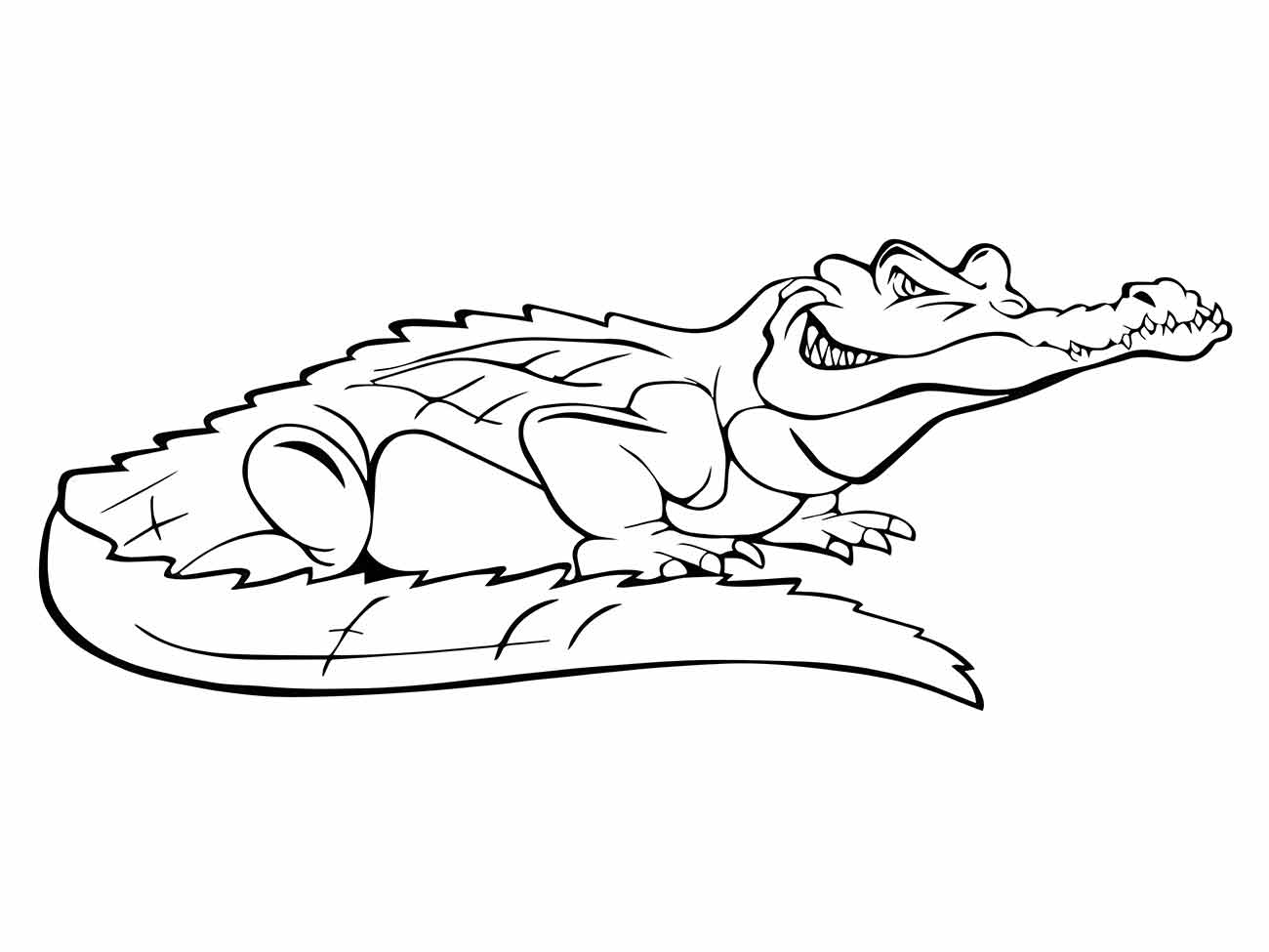 Desenho para colorir de um crocodilo reclinado com expressão feroz, ideal para desenvolver habilidades artísticas em crianças.