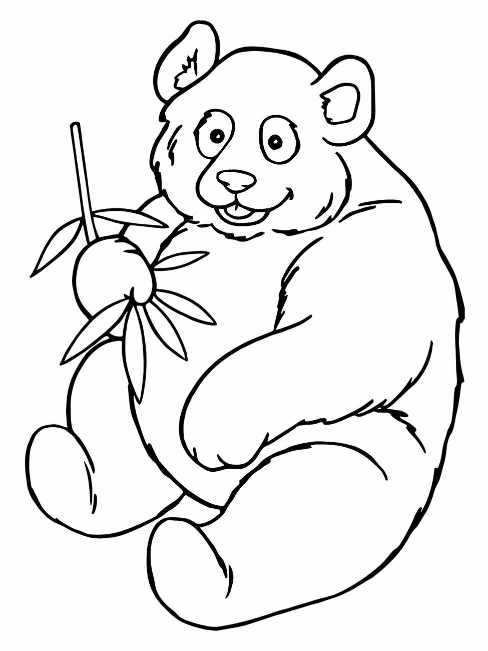 Desenho de um panda feliz para colorir, segurando delicadamente um galho de bambu.