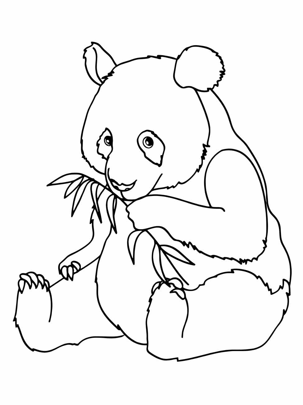 Desenho para colorir de um panda jovem brincando com uma folha de bambu.