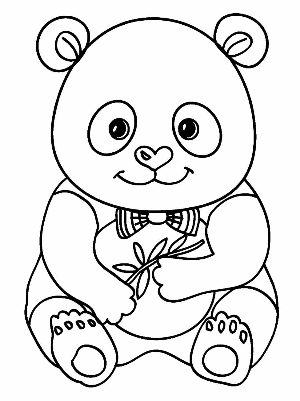 Desenho de um panda fofinho para colorir, sentado e segurando uma folha de bambu.