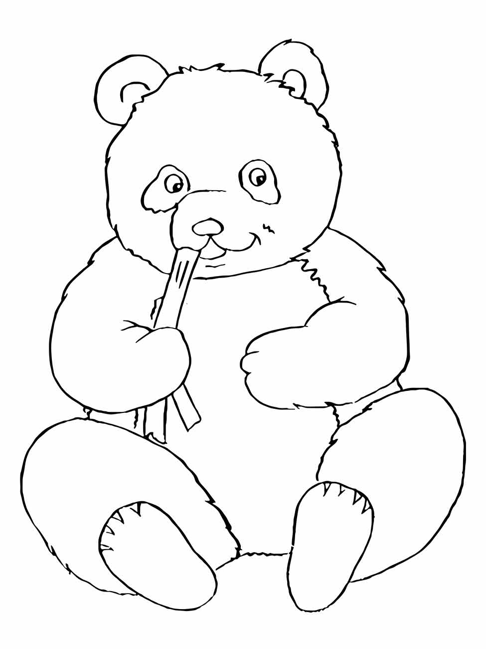 Desenho de panda para colorir, sentado com bambu