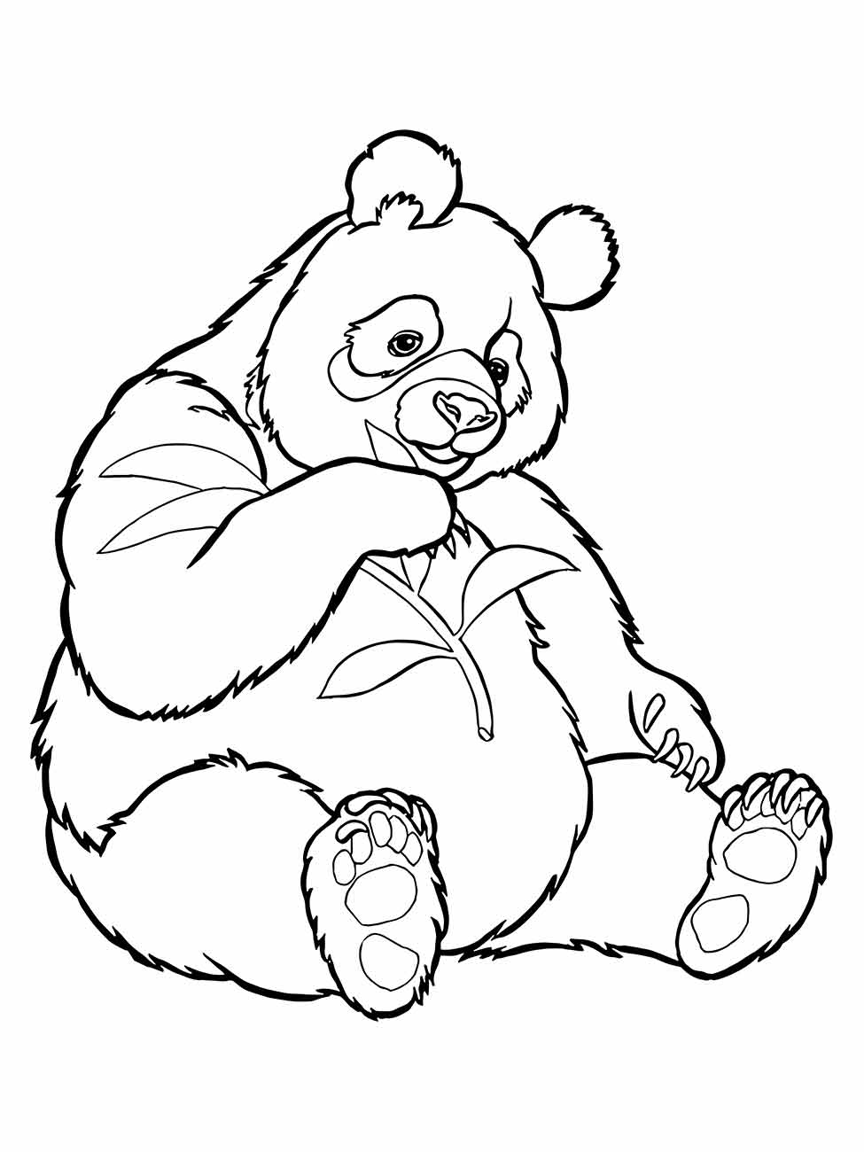 Desenho de um urso panda relaxado para colorir, saboreando folhas de bambu.