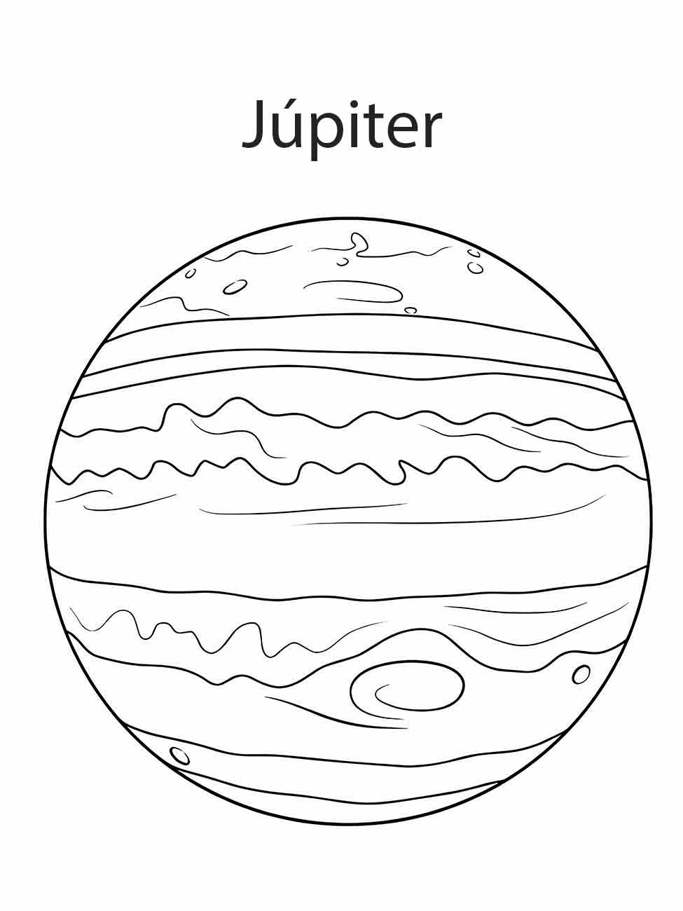 Desenho de Júpiter para colorir, com suas faixas atmosféricas e Grande Mancha.