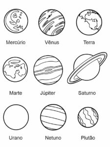 Desenhos para colorir de planetas: Mercúrio, Vênus, Terra, Marte, Júpiter, Saturno, Urano, Netuno e Plutão.