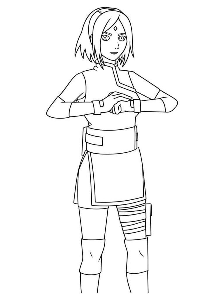 Desenho para colorir de Sakura Haruno, de pé, mãos entrelaçadas.