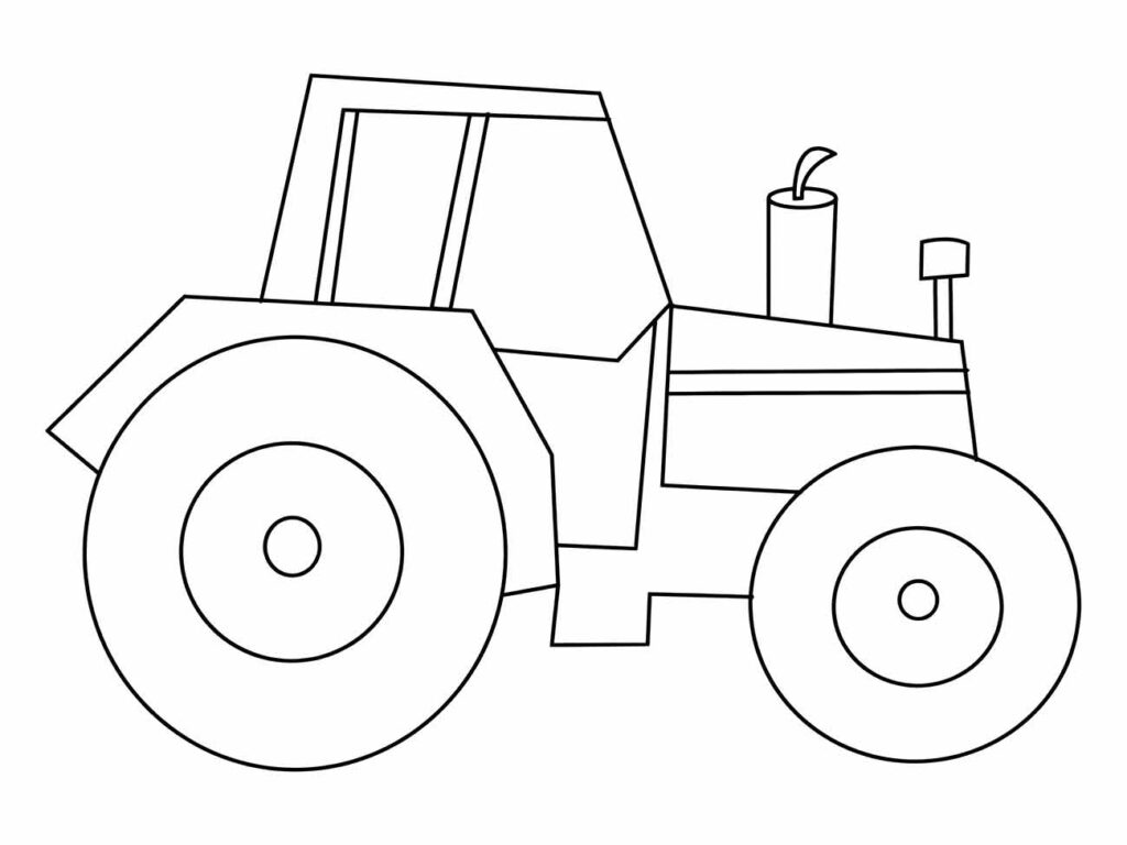 Desenho para colorir de um trator em um campo, com linhas simples e detalhes para pintura.