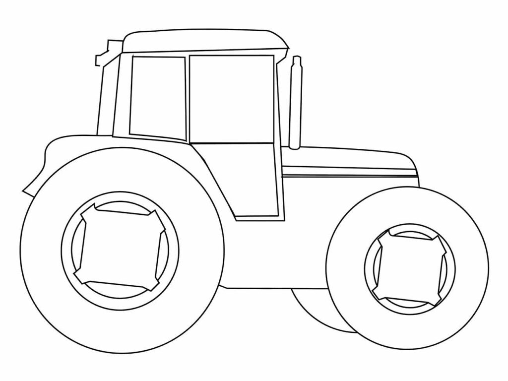 Desenho para colorir de um trator com design detalhado, em meio a um campo, pronto para ser pintado.