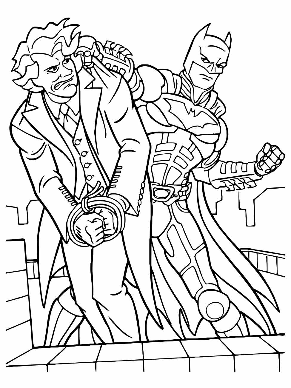 Desenho para colorir do Batman e Coringa em poses heroicas.