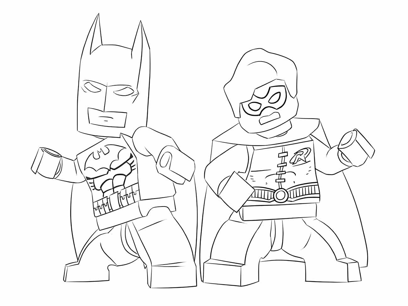 Desenho para colorir de Batman e Robin em estilo Lego com expressões intensas.