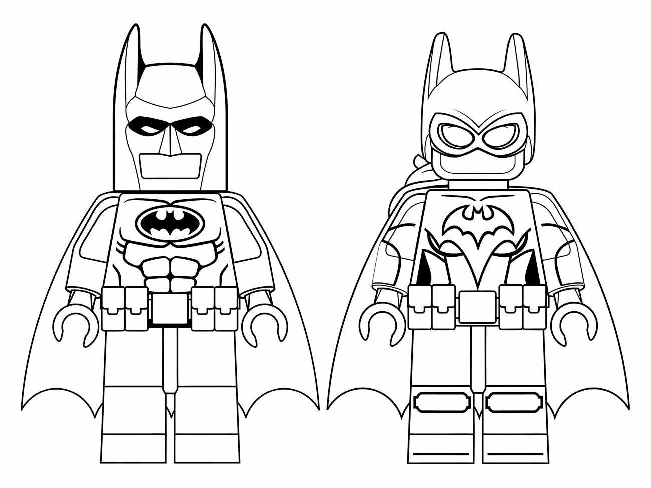 Desenho para colorir de Batman e Batgirl em estilo Lego, prontos para a ação.