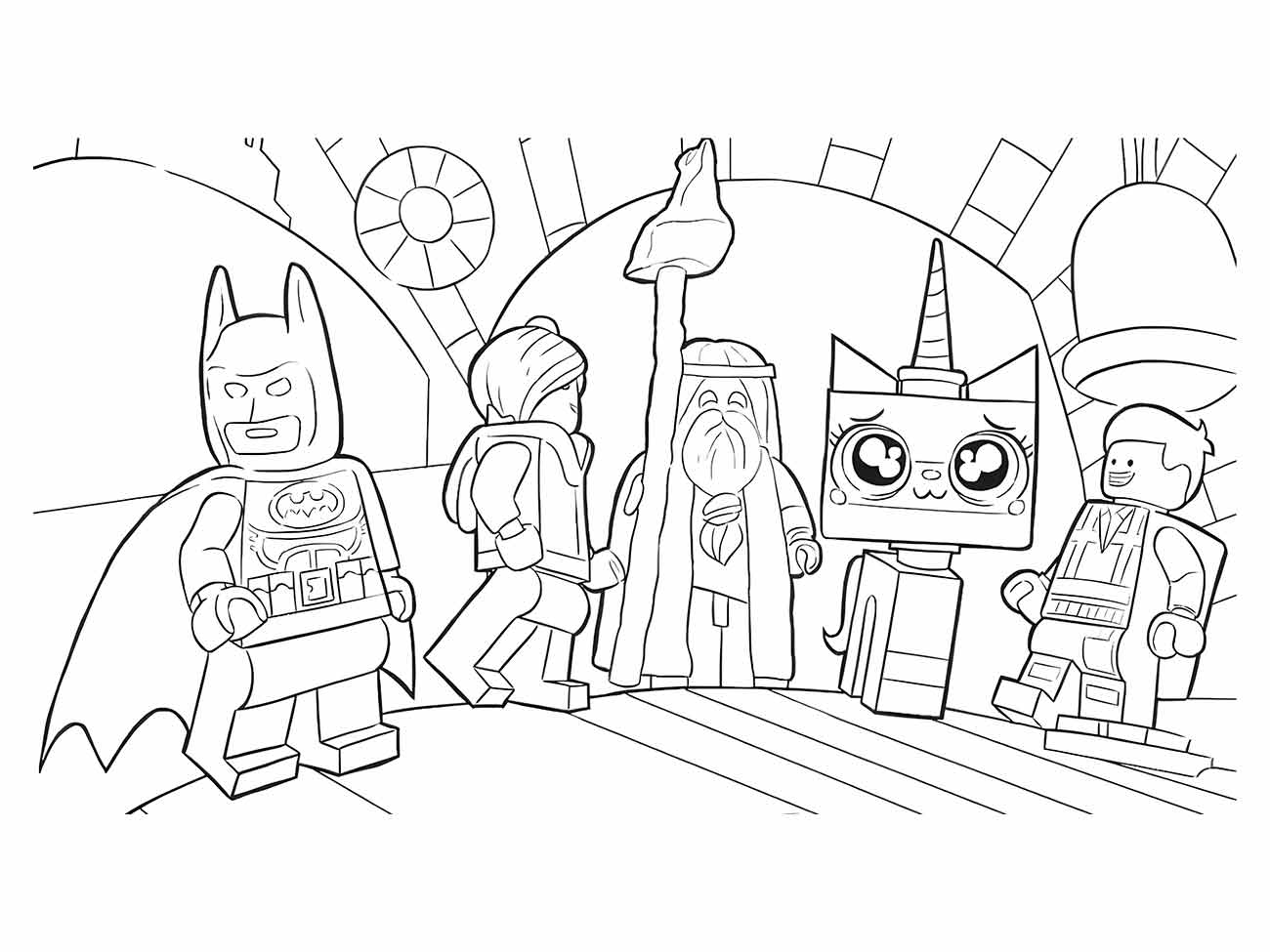 Desenho para colorir com Batman Lego e personagens variados em cena de aventura.