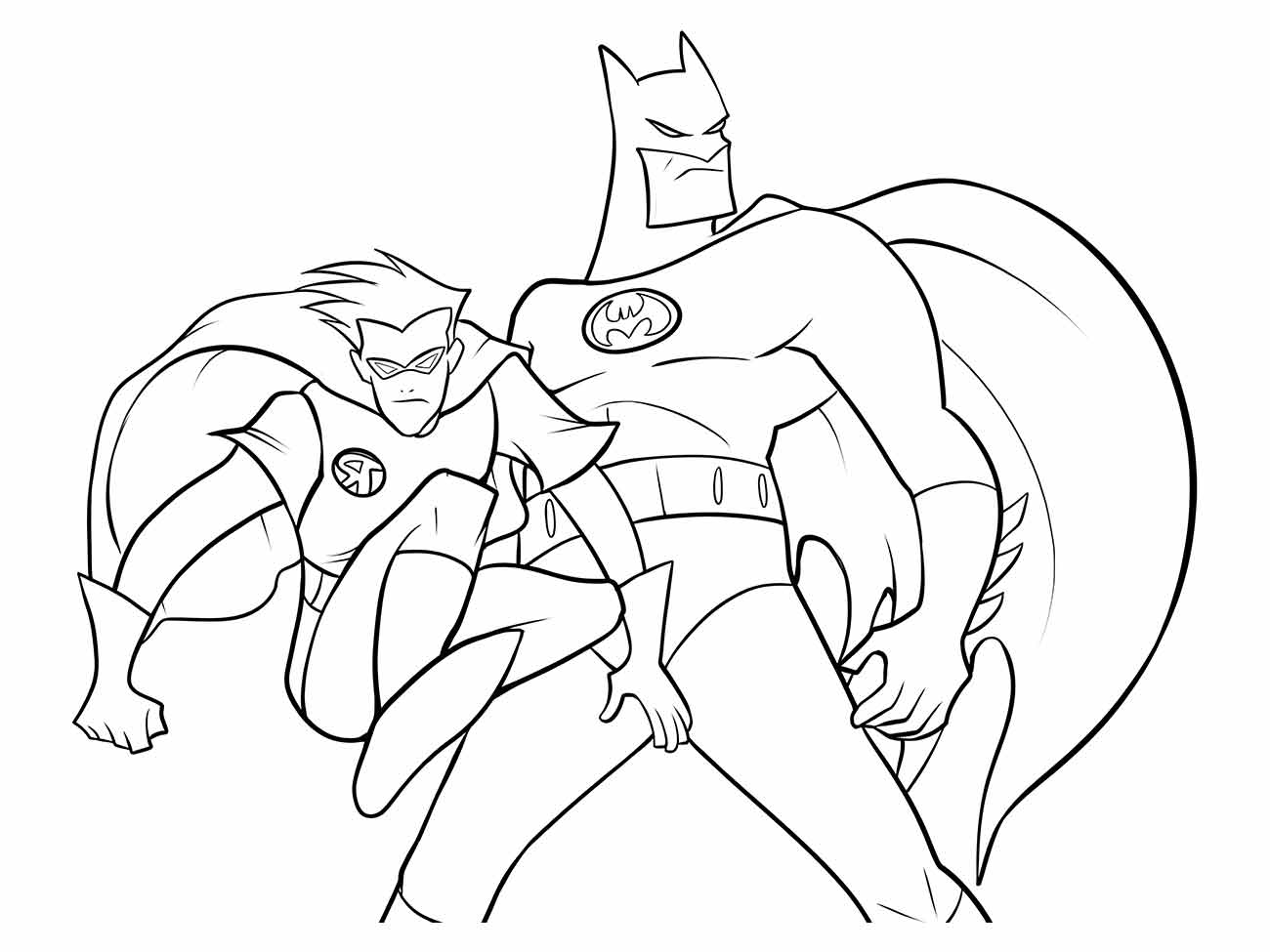 Desenho para colorir de Batman e Robin prontos para combate.