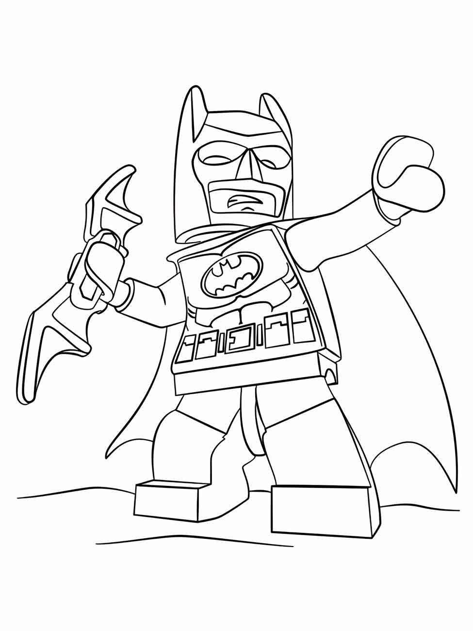 Desenho para colorir de Batman Lego em pose heroica com batarang.