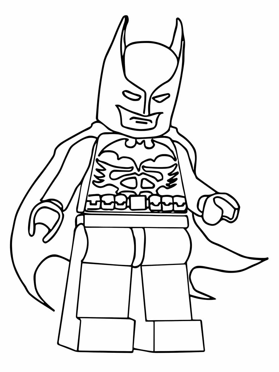 Desenho para colorir de Batman Lego em pé com capa esvoaçante.