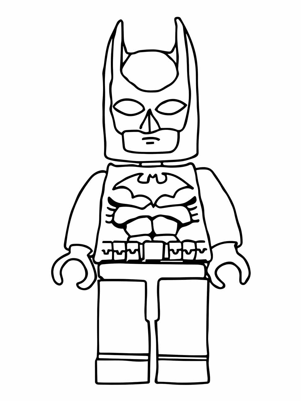 Desenho para colorir do Batman Lego com detalhes do uniforme.