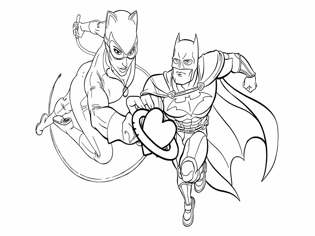 Desenho para colorir de Batman e Mulher-Gato com um coração.