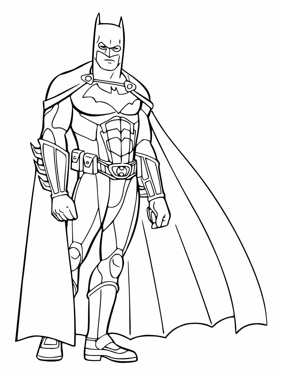 Desenho para colorir de Batman com a capa esvoaçante, preparado para ação.