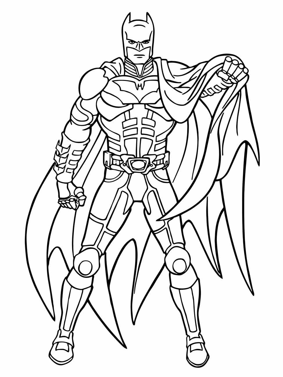 Desenho para colorir de Batman com armadura pesada e capa ondulante.