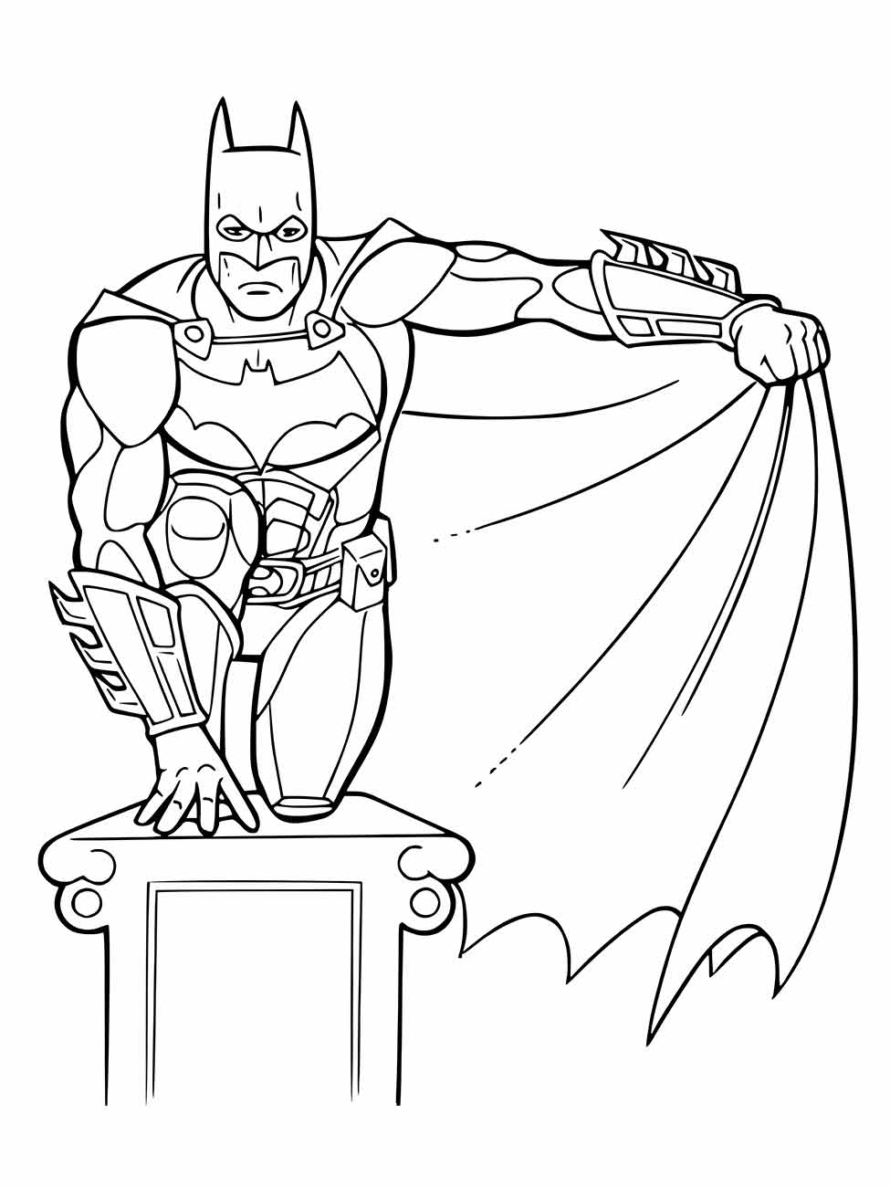 Desenho para colorir de Batman em pé sobre um pedestal, com a capa estendida.