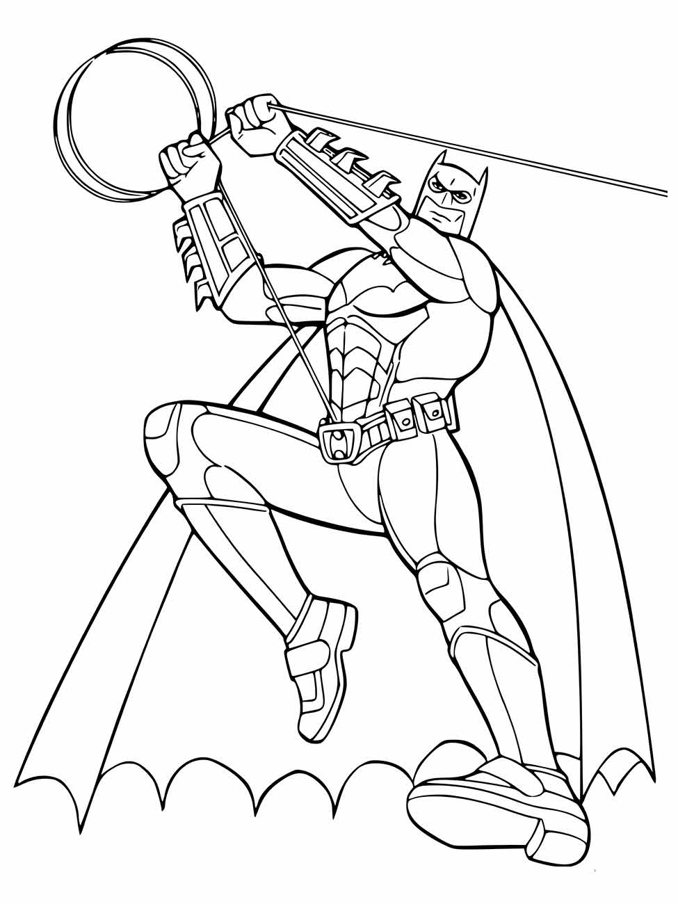 Desenho para colorir de Batman usando um gancho de escalada e corda para manobras acrobáticas.