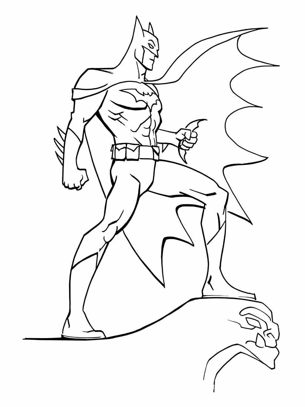 Desenho para colorir de Batman em pose de ataque com batarang.