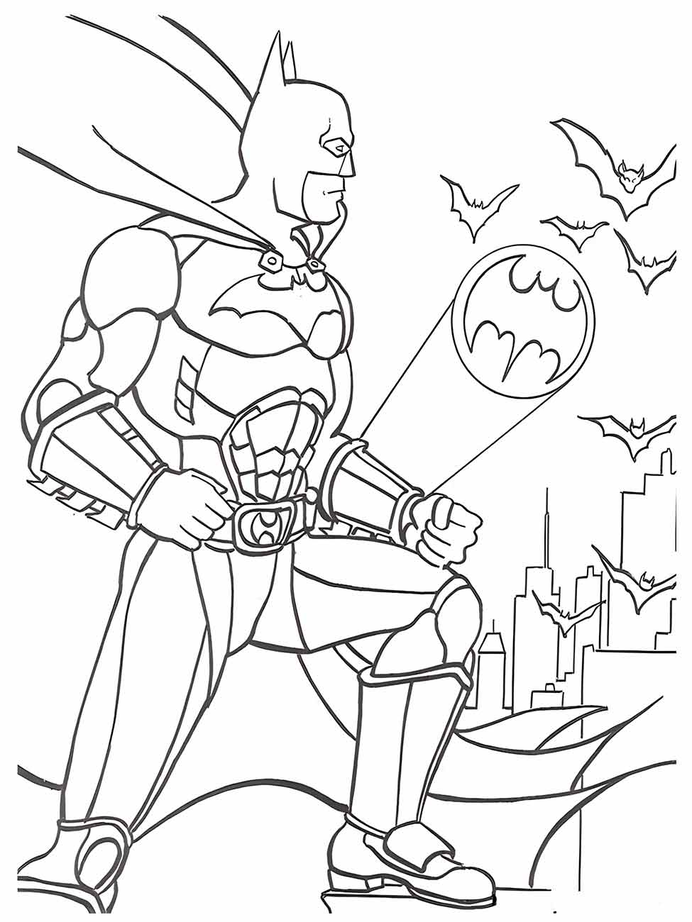 Desenho para colorir de Batman com o Bat-Sinal e morcegos ao fundo.