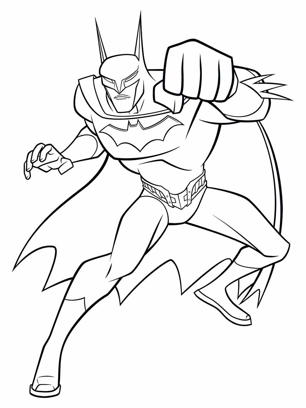 Desenho para colorir de Batman correndo em ação com punho cerrado.