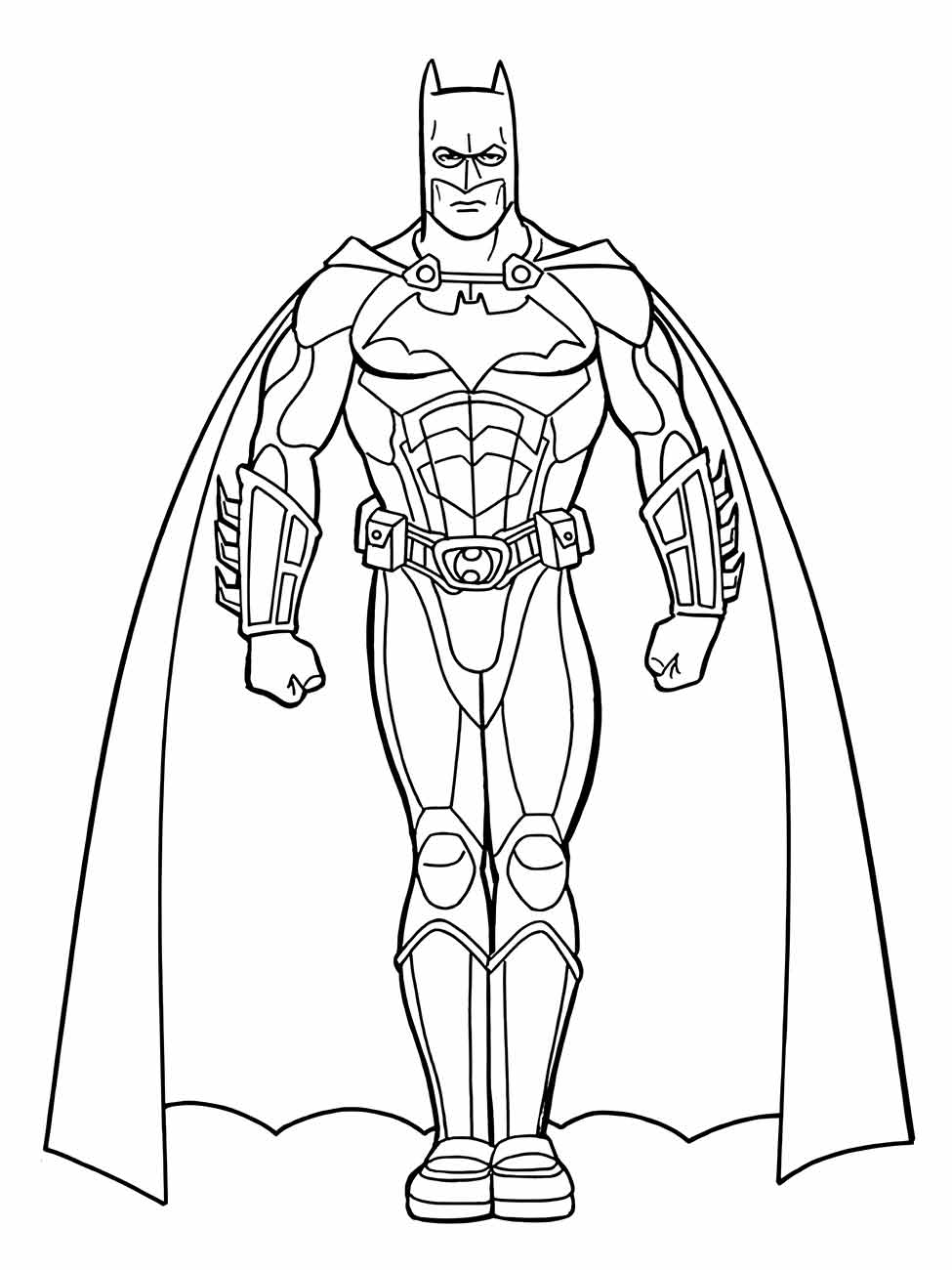 Desenho para colorir de Batman em pé, com uniforme detalhado e capa.