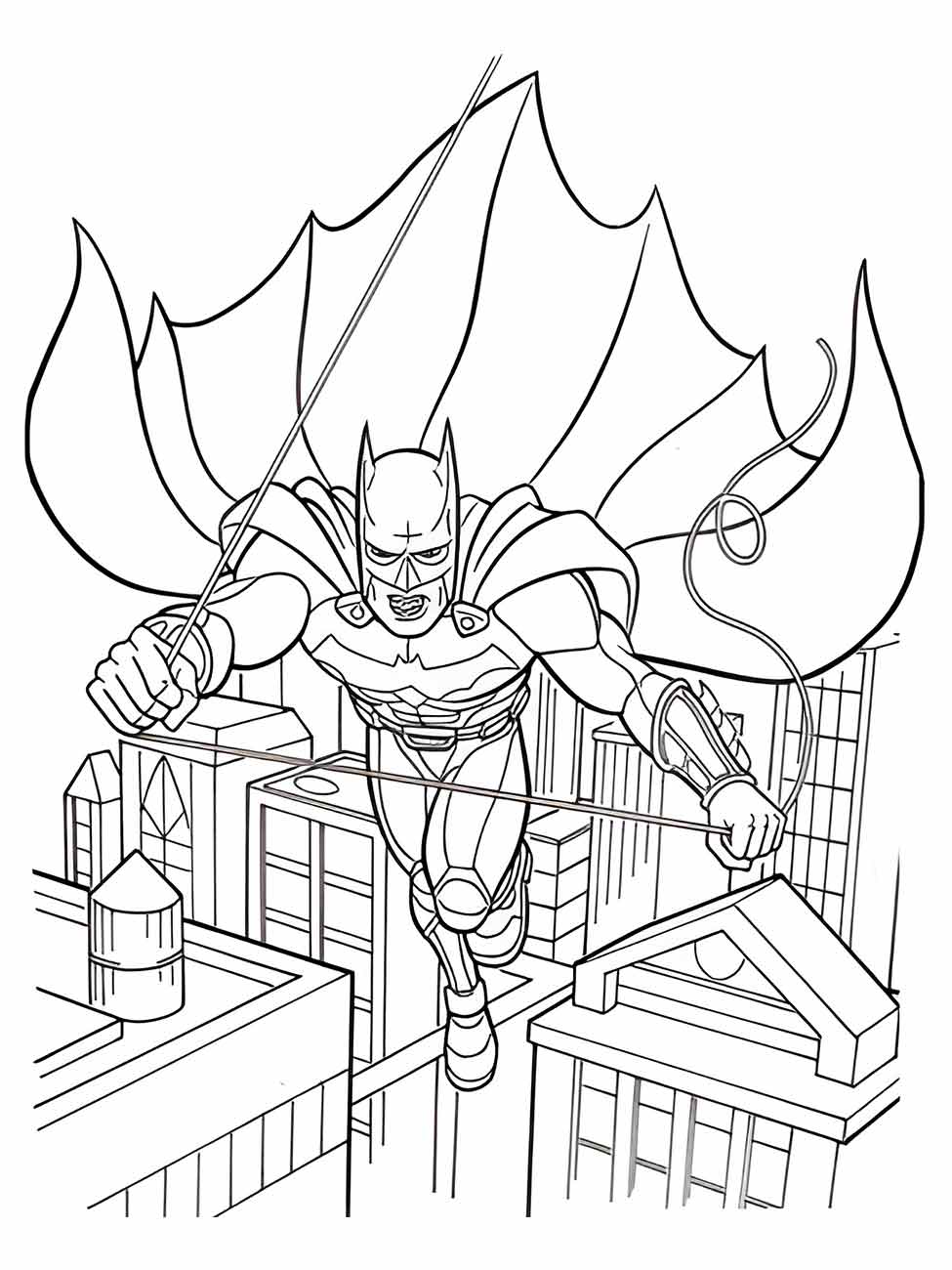 Desenho para colorir de Batman sobrevoando a cidade com seu gancho de escalada.